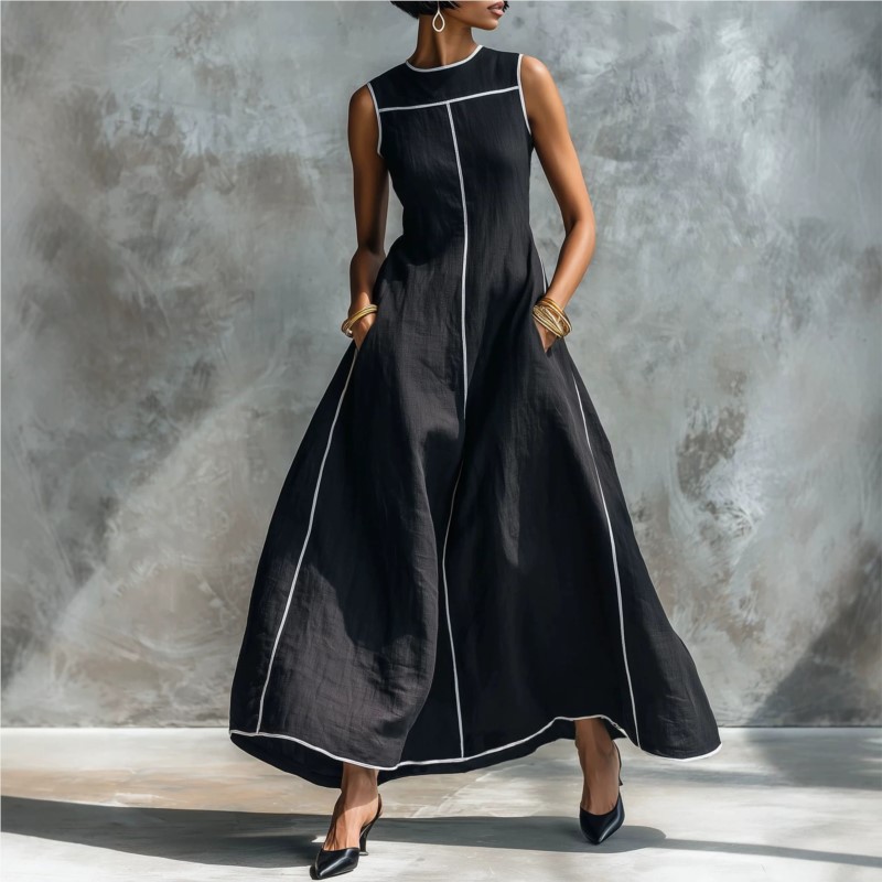 Nouvelle Robe d'été 2026 pour Femme avec Couleurs Contrastées, Sans Manches, Coupe Ample, Style Unique et Simple, Tendance et Confortable