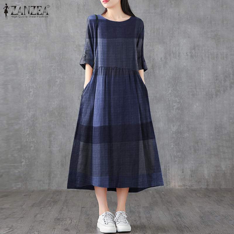 ZANZEA – Robe mi-longue à carreaux pour femmes, Vintage, décontractée, en coton et lin, à la mode, col rond, surdimensionnée, été, 2023