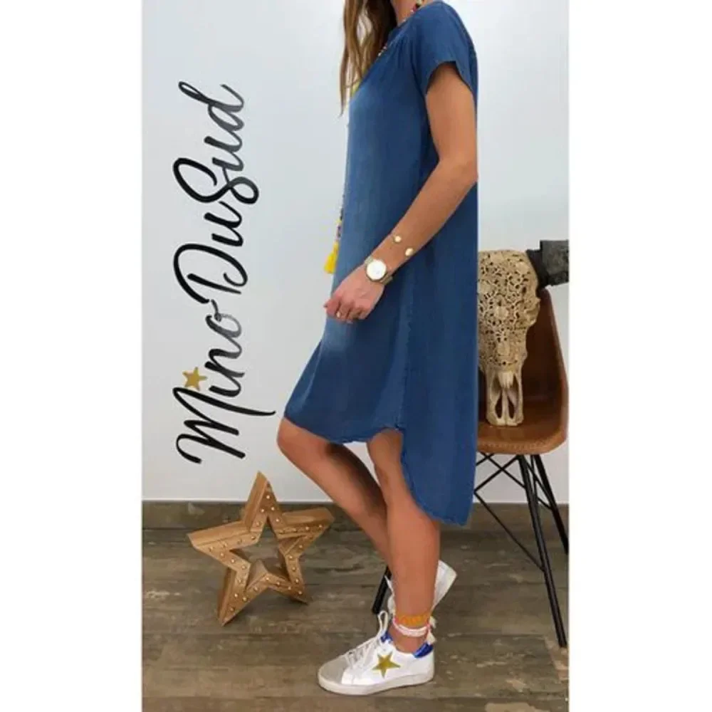 Robe en denim ample à manches courtes pour femmes, robe longue décontractée, mode vintage, grande taille, 1XL-5XL