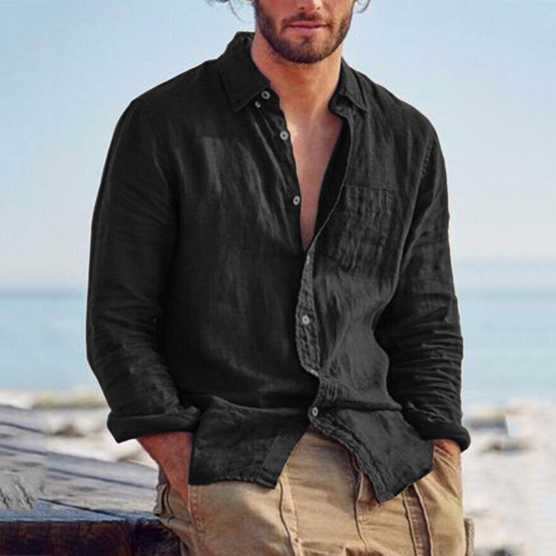 Chemise décontractée à manches longues pour homme en coton, polyester et lin, respirante, boutonnée, avec poche poitrine, idéale pour l'été et les vacances à la plage