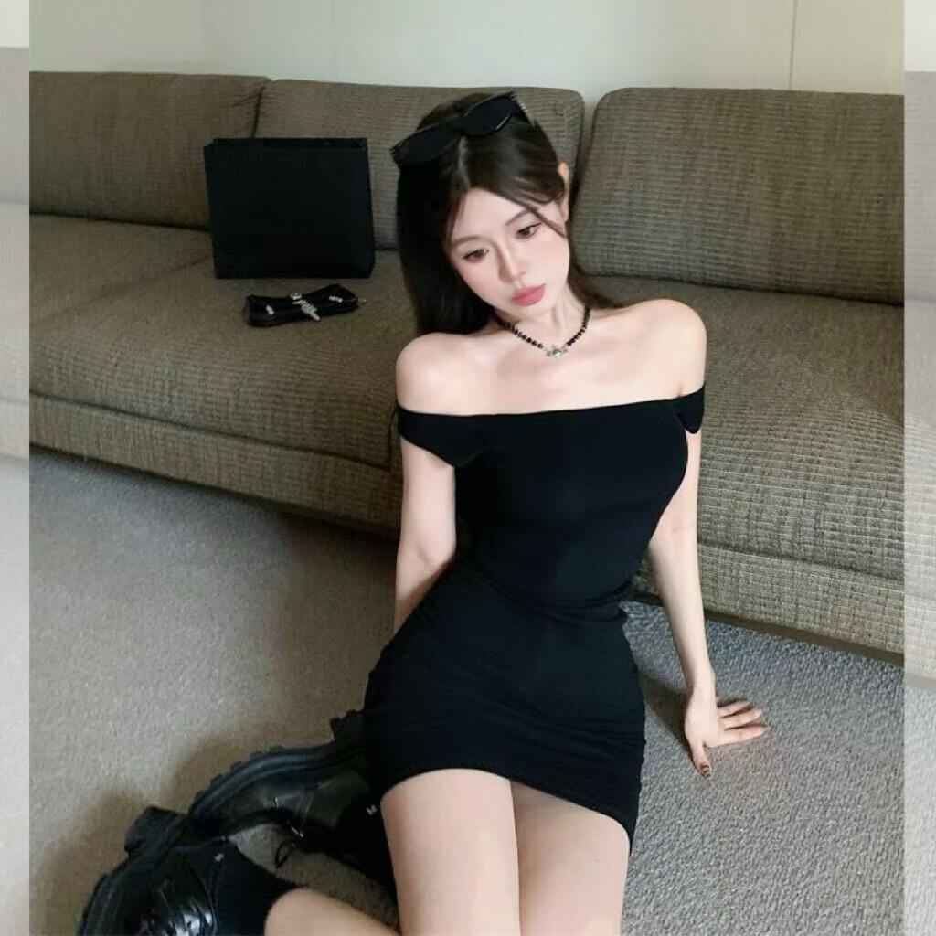 Robe noire sexy à épaules dénudées pour femme, style Spicy Girl, taille cintrée, moulante, jupe crayon courte, élégante, pour soirées et clubs.