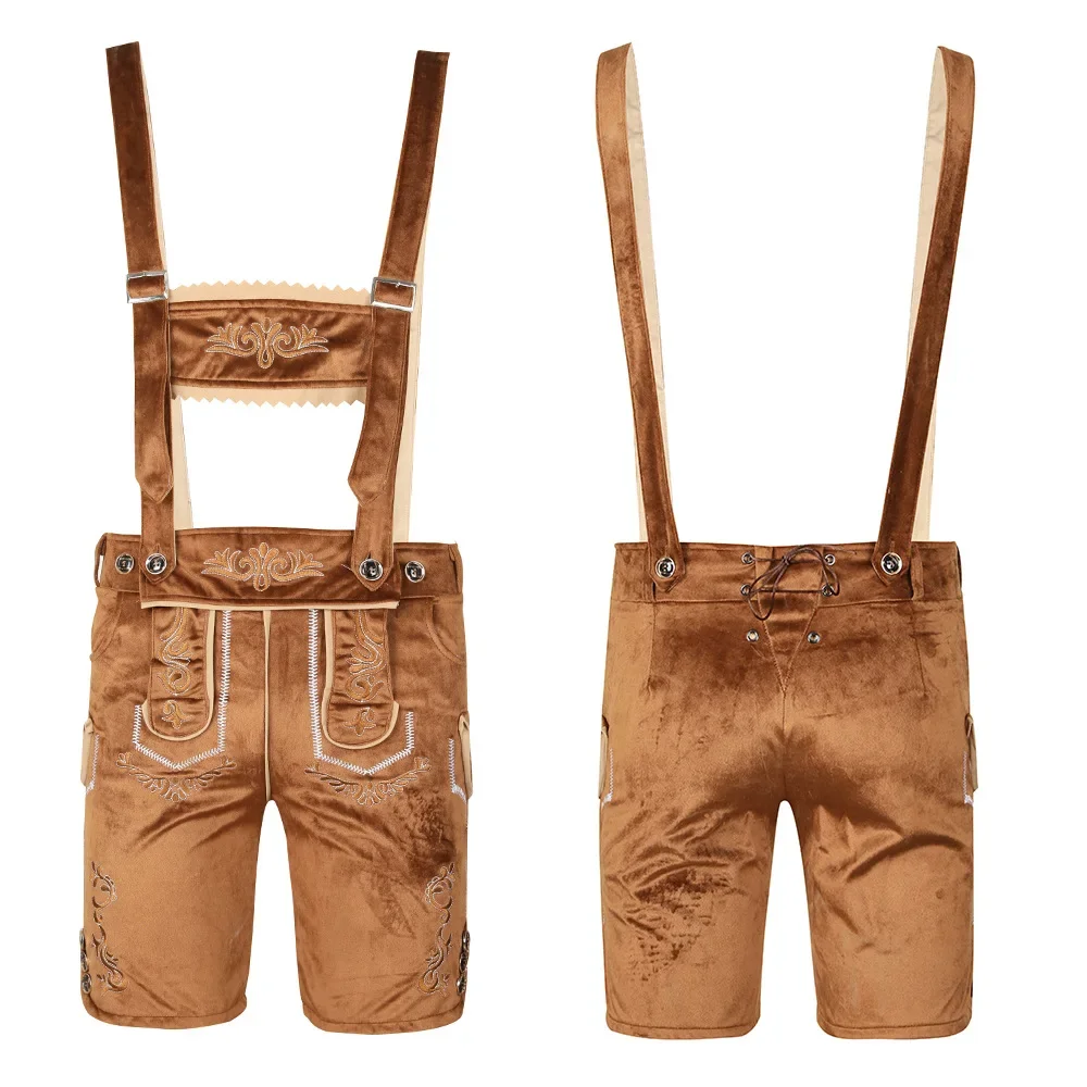 Costume allemand Oktoberfest Lederhosen pour hommes et femmes, tenue de Festival de la bière bavaroise, pantalon à bretelles marron et noir, Cosplay Halloween