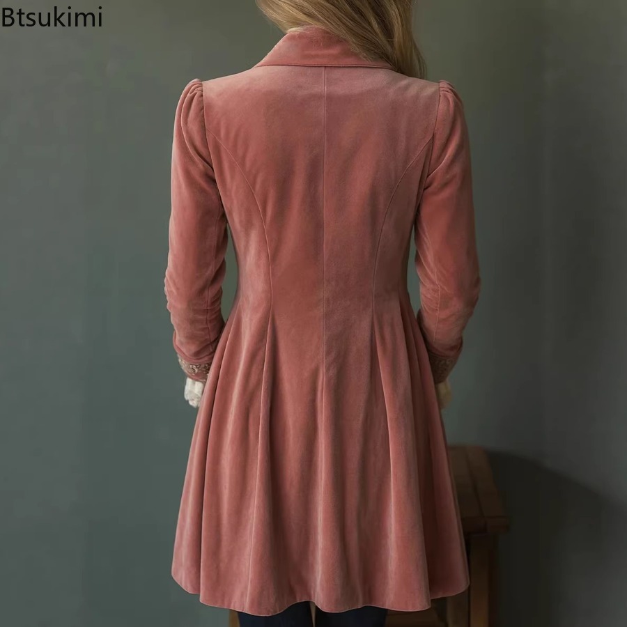 Manteau long élégant en velours pour femme, à manches longues, couleur unie, avec dentelle, revers, double boutonnage, taille mi-haute élastique, automne-hiver