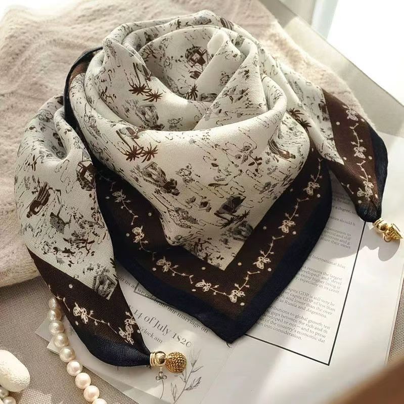 2025 nouveaux foulards imprimés de fleurs à carreaux avec boucle magnétique 65 cm * 65 cm enveloppes de cou carrées en coton et lin bandes de poignée de sac élégantes