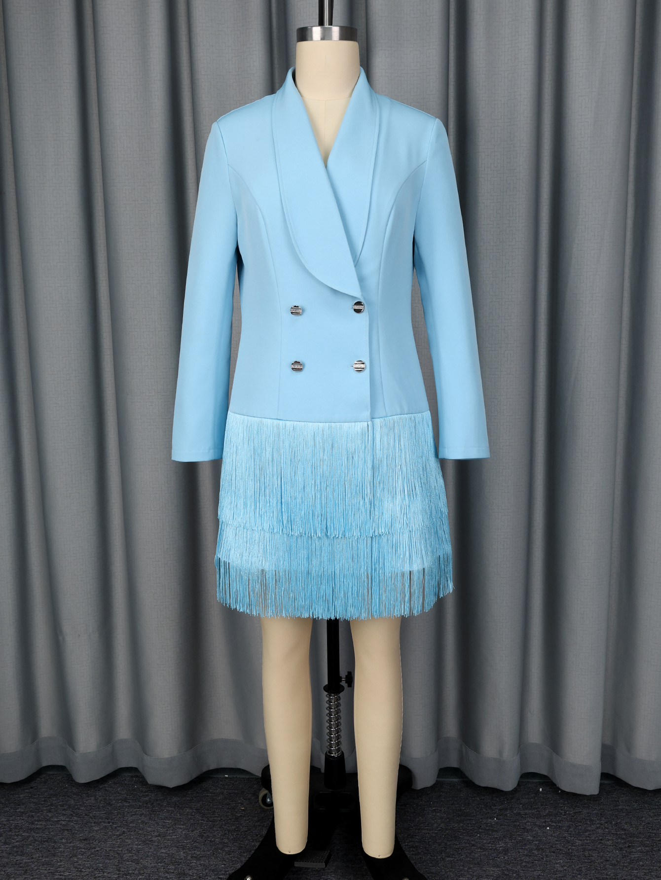 Robe Blazer Élégante à Franges Superposées pour Femme, Bleu Clair, Double Boutonnage, Manches Longues, Idéale pour le Travail, les Cocktails et les Soirées