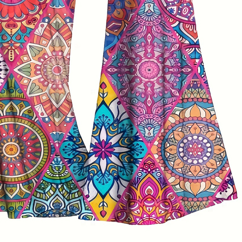 Pantalon à Jambes Larges de Grande Taille, Imprimé Géométrique Vibrant Turnblock, Taille Haute Froncée, Tenue Confortable et Décontractée, Silhouette Flatteuse
