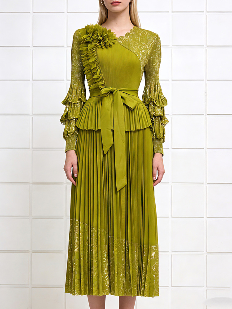 Robe plissée élégante à volants GVUW pour femme, manches lanternes, taille haute, lacets, gaufrage doré, nouvelle collection Printemps 2026, 17S3639