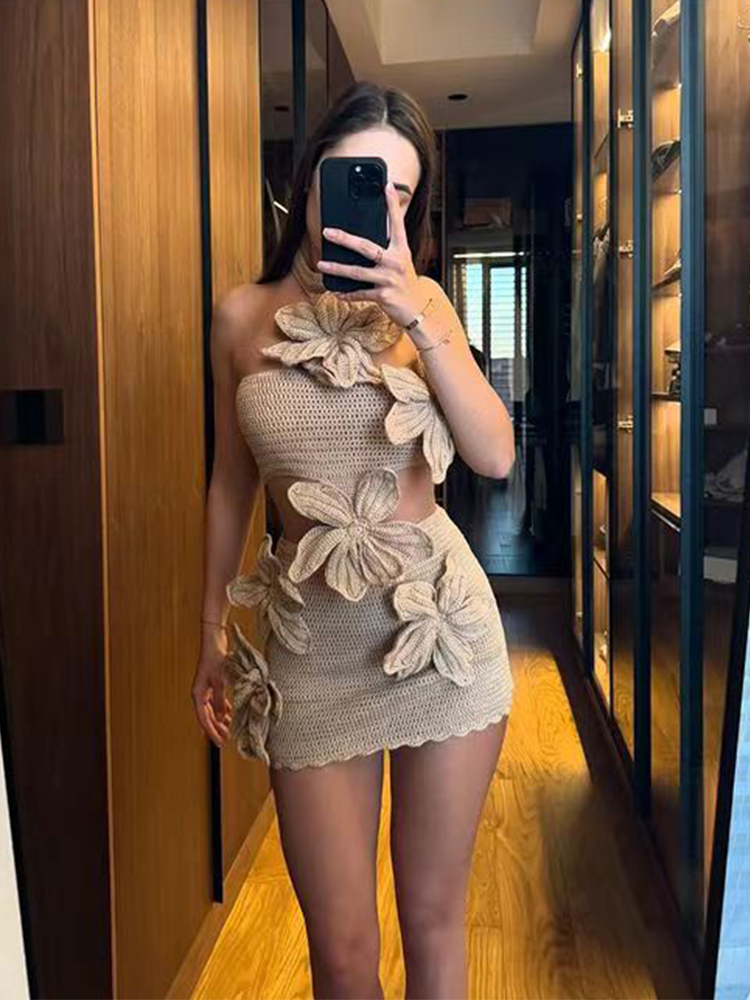 Robe mini en crochet pour femmes, style halter, tricotée, avec fleurs 3D ajourées, sans manches, dos nu, coupe ajustée, robe de plage pour les vacances d'été 2026.