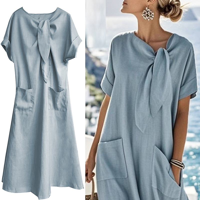 Plage vacances élégant à manches courtes vacances Maxi Robe femmes été nouveau ample poche robes de soirée pour les femmes Robe mi-longue Robe
