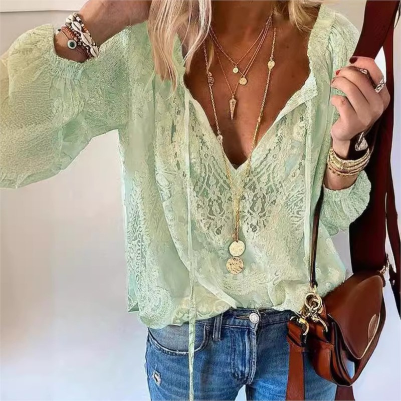 Chemisiers en dentelle évidés pour femmes, chemise pull à col en V profond, chemisier décontracté élégant, mode Boho, printemps, été