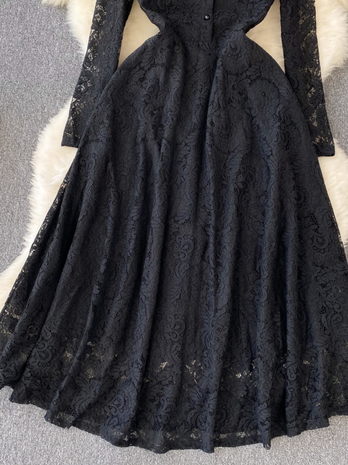 Robe de soirée florale vintage noire pour femme, col montant, manches longues, robes en dentelle, français, élégant, éducatif, printemps, automne