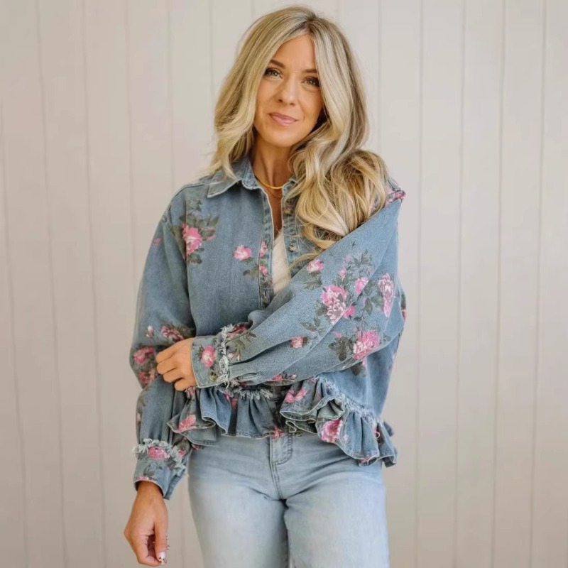 Blouse Chemise Veste Femme Vintage en Denim Délavé Imprimé Floral Coupe Ample Manches Longues Décontractée Tendance Polyvalente Créateur