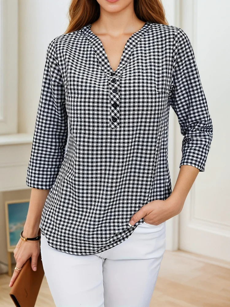 Grande taille printemps automne femmes Fine Plaid mode à manches longues col en v Blouse coupe ajustée tempérament haut ventre couvrant petites chemises