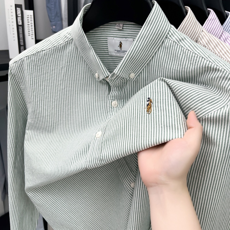 Chemise brodée de luxe pour homme, 100 % coton doux, manches longues, col à revers, rayures color block, haut tendance et polyvalent pour homme