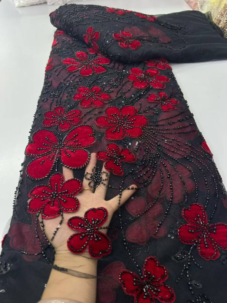 Robe de mariée française en dentelle à fleurs 3D, tissu africain nigérian en dentelle brodée de paillettes perlées pour fête de mariage A1080