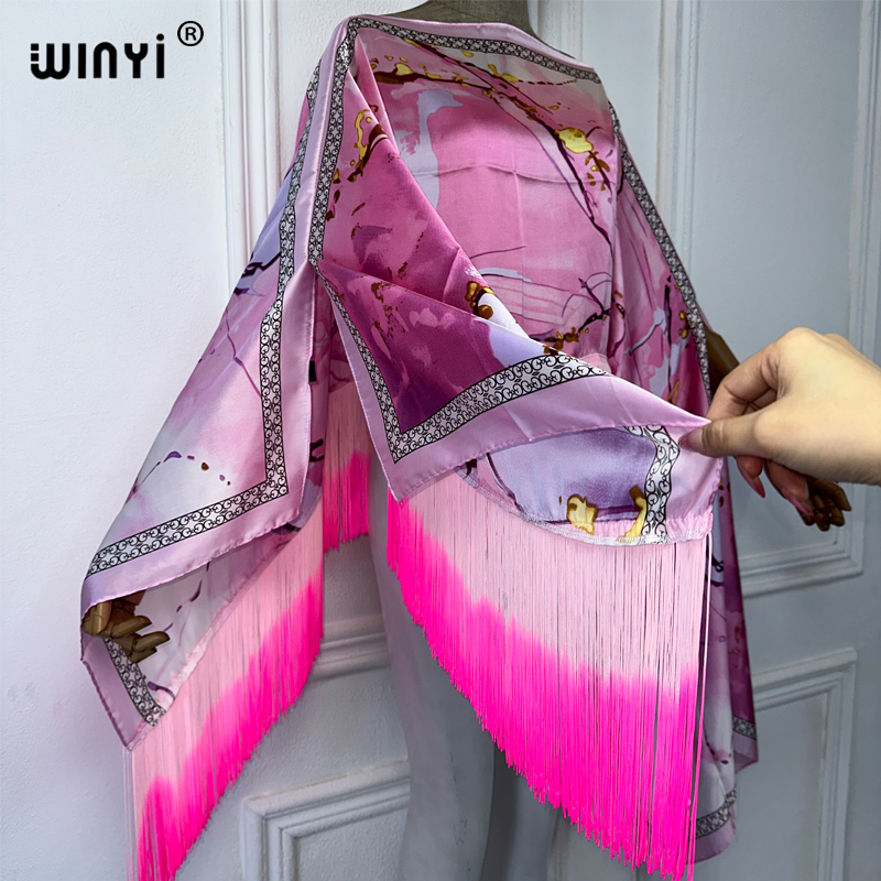 WINYI Beach Nouvelle Robe à Pompons, Robe Longue Maxi Africaine, Couvre-Bikini Imprimé Bohème d'Été, Kaftan Élégant et Tendance, Robe Sexy pour Fête et Vacances