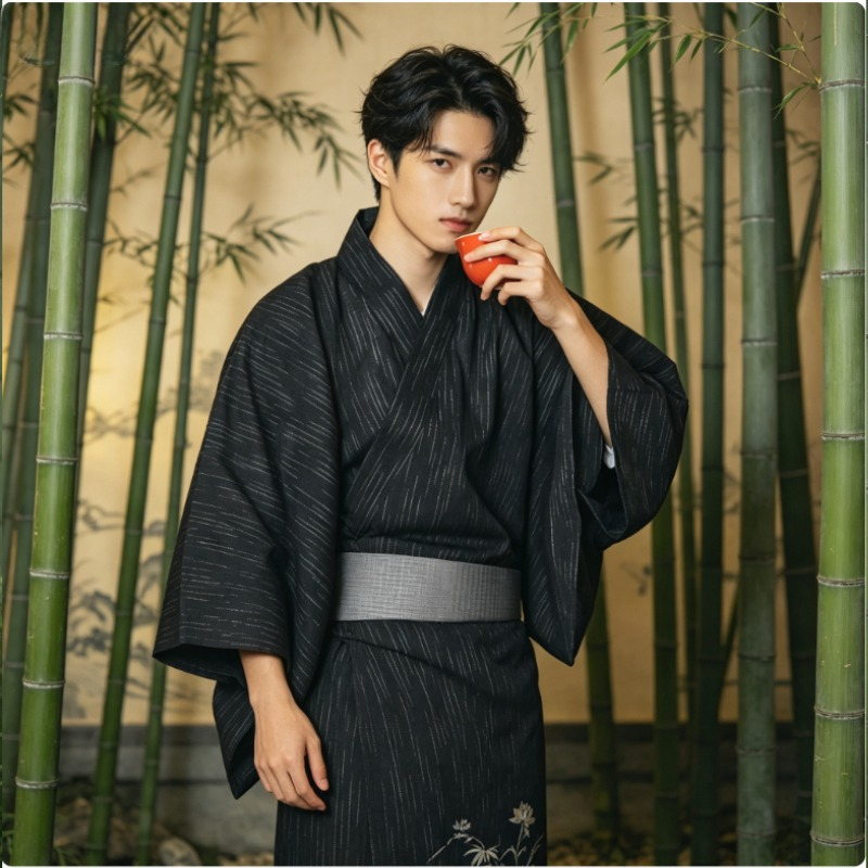 Kimono Yukata traditionnel japonais de couleur unie noire pour hommes, tenue longue d'été idéale pour la photographie en studio et le port quotidien