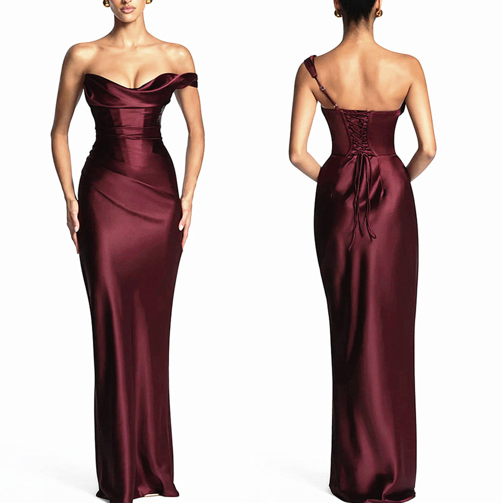 Robe de soirée longue sirène en satin pour femme, à épaules dénudées, col drapé, bretelle spaghetti unique, taille froncée unie, dos lacé