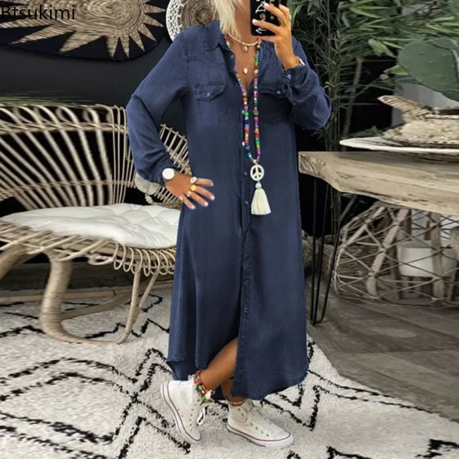 Robe en jean bleue à manches longues pour femmes, élégante, décontractée, mode vacances, printemps-automne, 2026