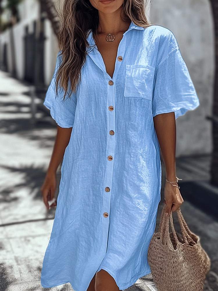 Robe chemise élégante pour femme avec poche, manches courtes, col boutonné, décontractée, ample, pour la plage
