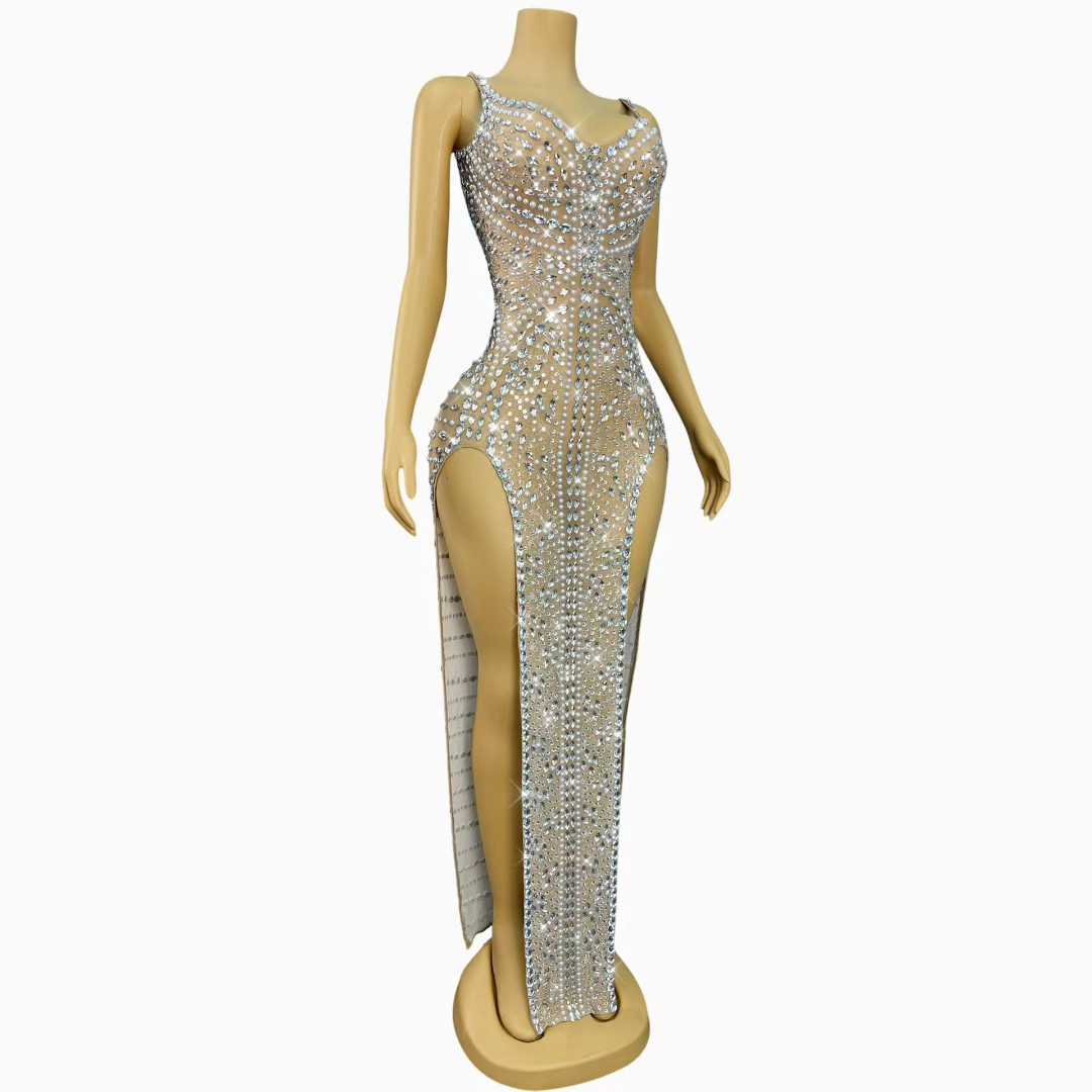 Robe de luxe scintillante avec strass et perles, Sexy, col en v, fente haute, robe de soirée, Cocktail, fête d'anniversaire, tapis rouge, vêtements de scène