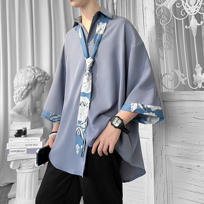 Chemisier boutonné à manches trois-quarts pour hommes, chemises respirantes imprimées, mode coréenne, vintage, adapté aux adolescents
