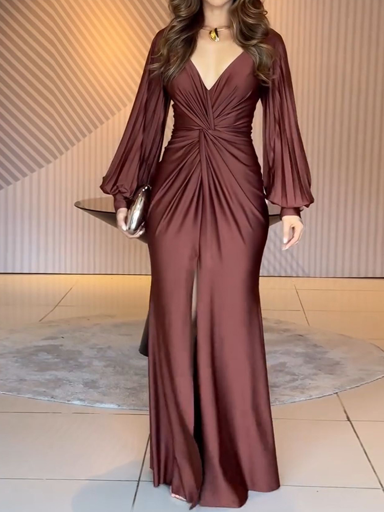 Robe longue maxi élégante à col en V profond et patchwork pour femme, manches longues, coupe ajustée, couleur unie, idéale pour le printemps, l'été, les fêtes et le streetwear