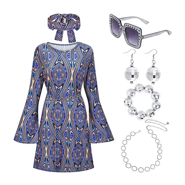 Costume Disco pour femmes des années 70, tenue et accessoires, tête brillante avec lunettes de soleil, collier, boucles d'oreilles, Bracelet pour fête de spectacle sur scène