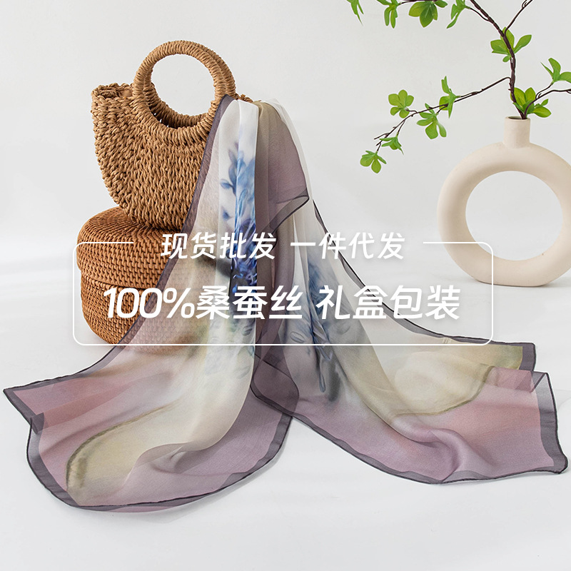 Pure soie longue écharpe haut de gamme sensation été mince imprimé châle femmes foulard en soie cadeau châles femmes luxe Bufandas De Seda Sj111