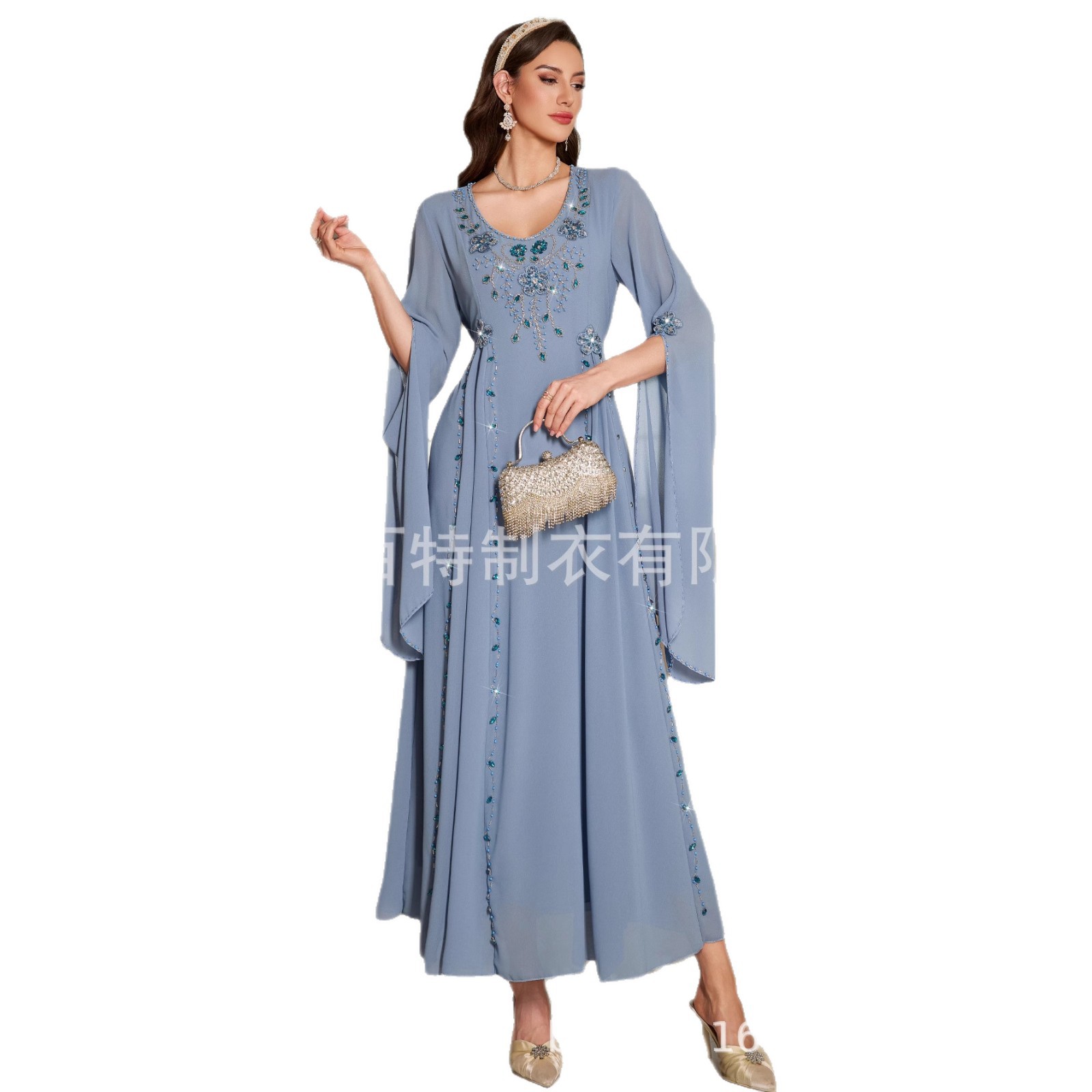 Robes de cérémonie élégantes et tendance pour femmes, couleur bleue unie, col rond, longueur cheville, avec perles, abaya musulmane, nouvelle mode féminine