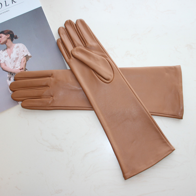 Nouveaux gants longs en peau de mouton pour femmes, gants en cuir de couleur unie pour écran tactile intérieur en soie fine