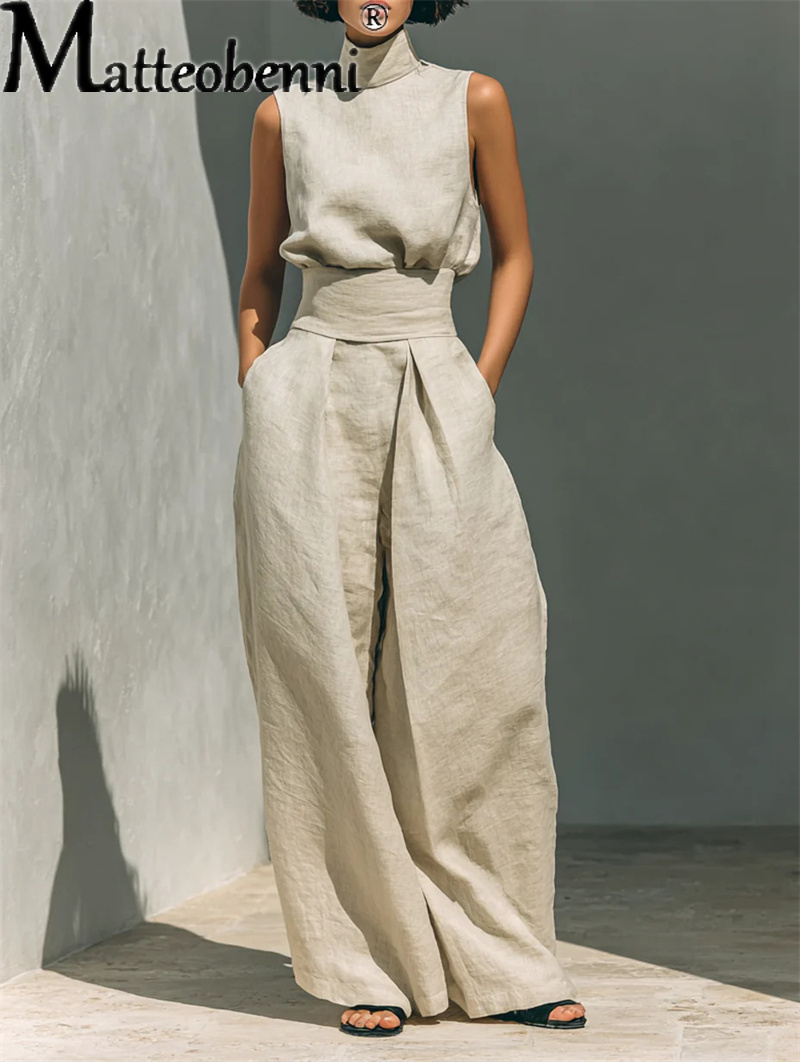 Ensemble décontracté d'été pour femme, en coton et lin, haut sans manches et pantalon large, 2 pièces, pour le bureau, collection 2026