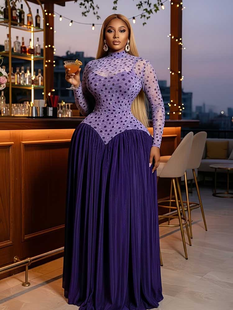 ‌ Robe à manches longues pour femmes Printemps ‌   Robe trapèze taille haute extensible pour femme ronde, élégante robe de soirée plissée