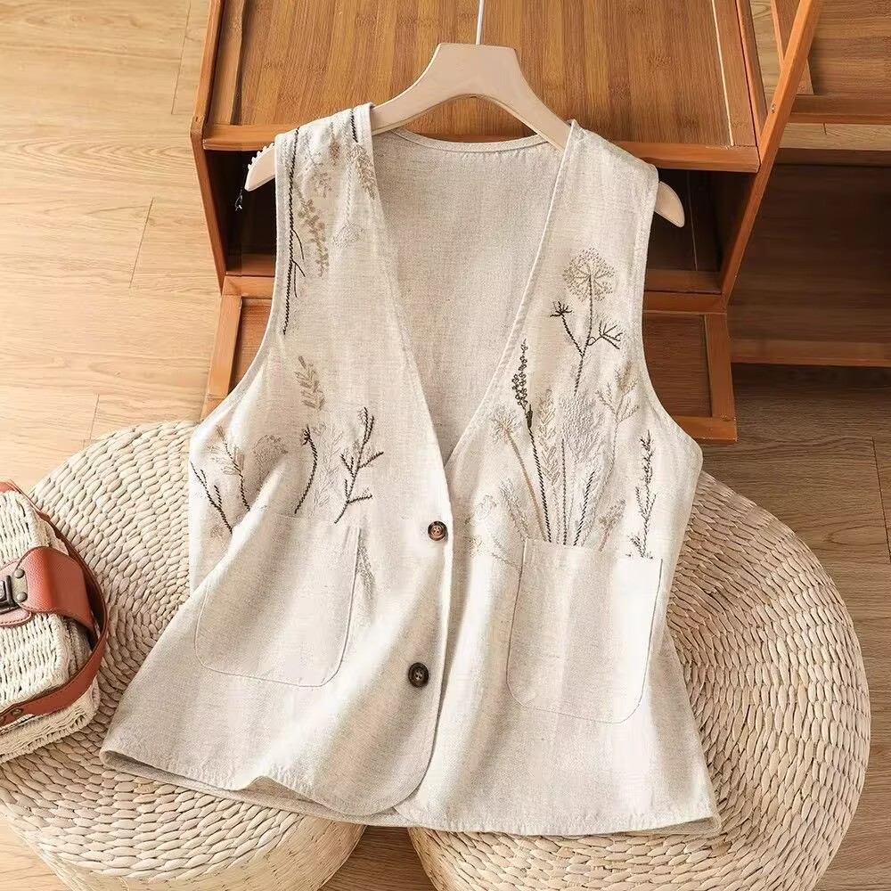 Gilet brodé pour femmes en coton et lin, veste sans manches d'été