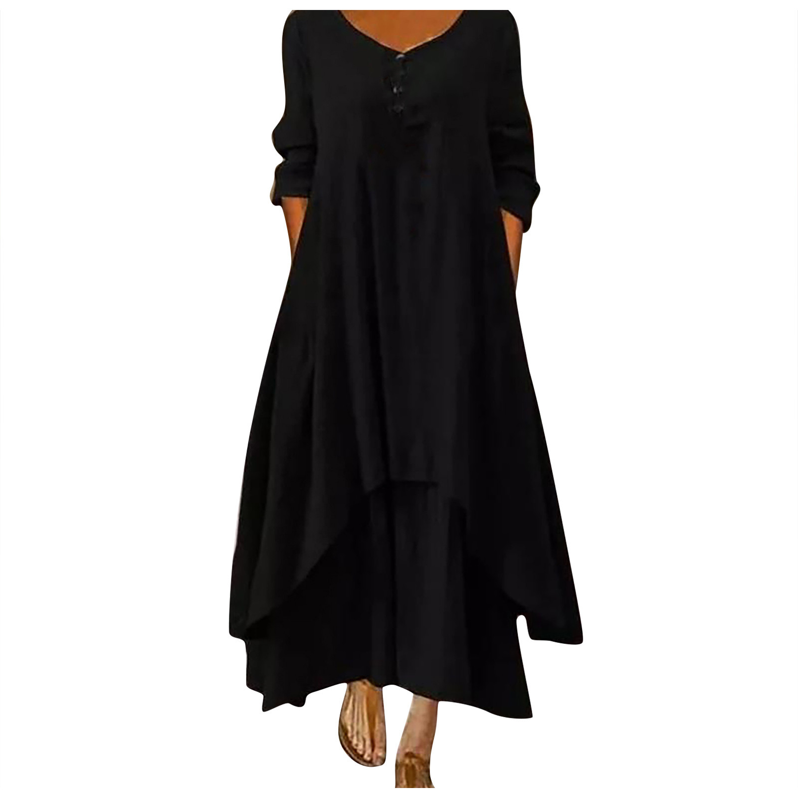 Robe longue en coton pour femmes, décontractée, à la mode, avec boutons, couleur unie, pour documents