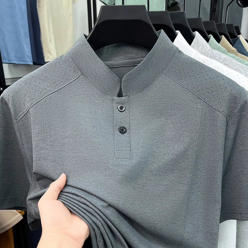 Chemises Polo Décontractées pour Hommes à Col Montant, Deux Boutons, Style Henley, Manches Raglan, Épaules Aérées, Douces et Confortables pour la Peau, Manches Courtes