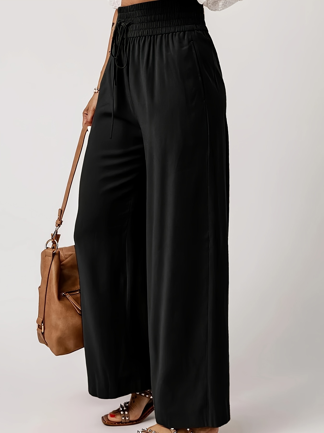 Pantalon à jambes larges pour femme, grande taille, mode décontractée, élégant, bureau, dame, monochrome, taille haute, fjadt