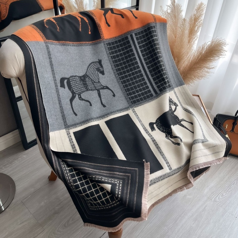 POBING Nouvelle Écharpe d'Hiver Tendance pour Femme, en Cachemire Doux et Chaud, Pashmina à Motif Cheval Écossais, Châle Épais, Écharpes, Foulards, Étoles à Pompons