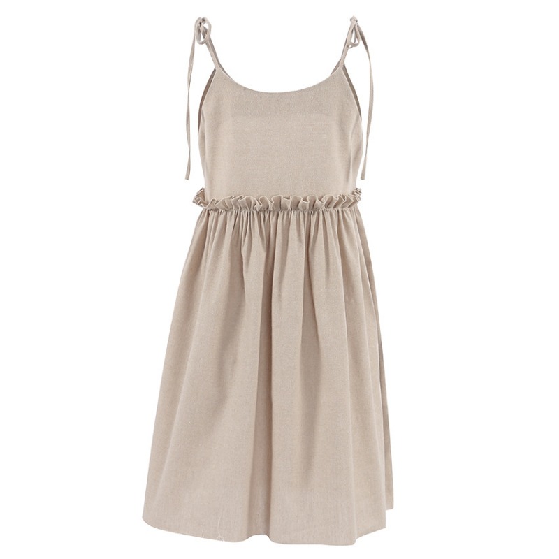 Robe à bretelles en coton et lin pour femmes, style de plage, fausse robe décontractée, bord à volants doux, robe à bretelles A-Line, printemps et été