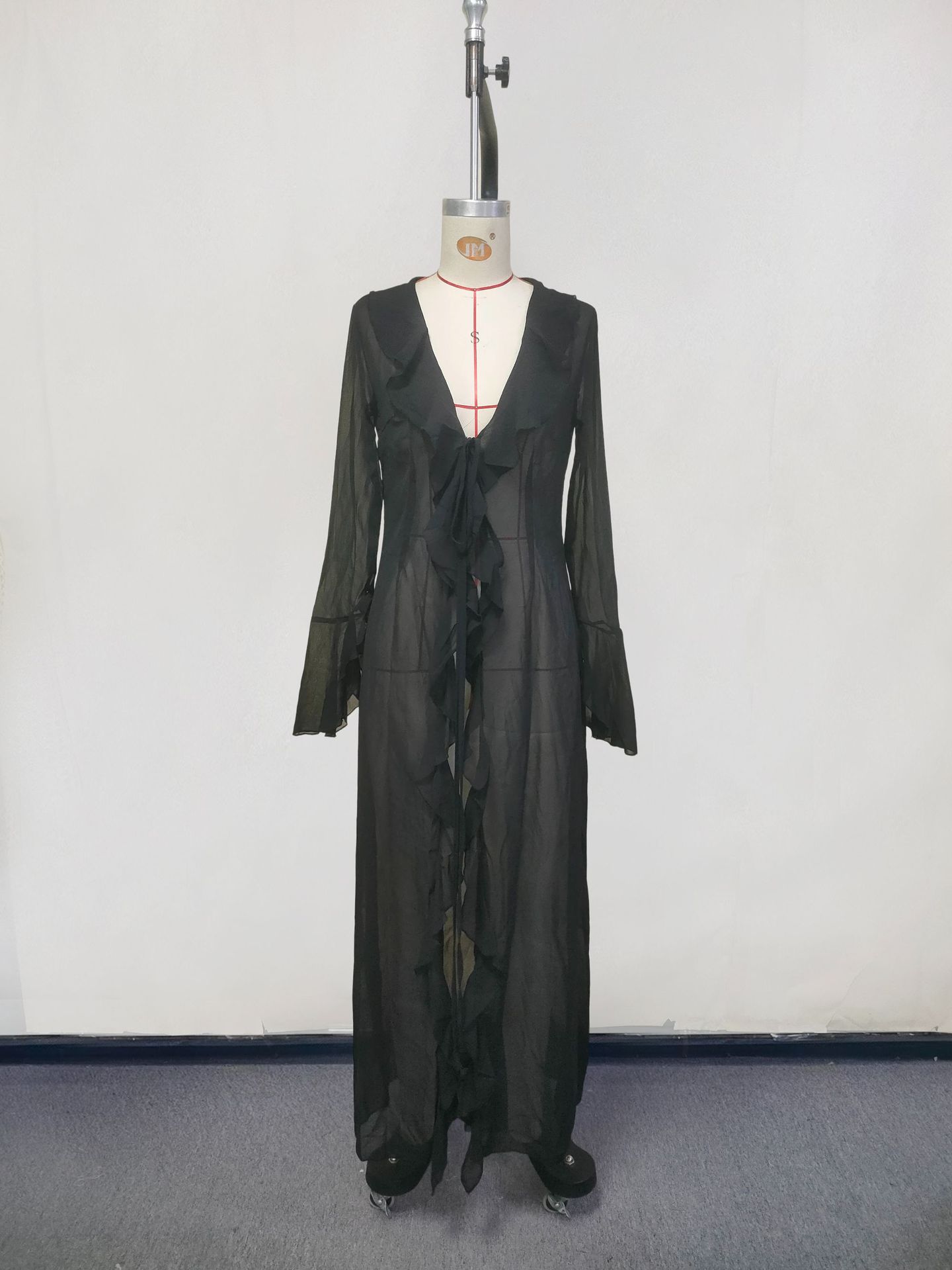 Sexy col en V à volants à manches longues noir blanc nouvelle tunique en mousseline de soie plage couvrir robe crème solaire vêtements de plage vêtements pour femmes