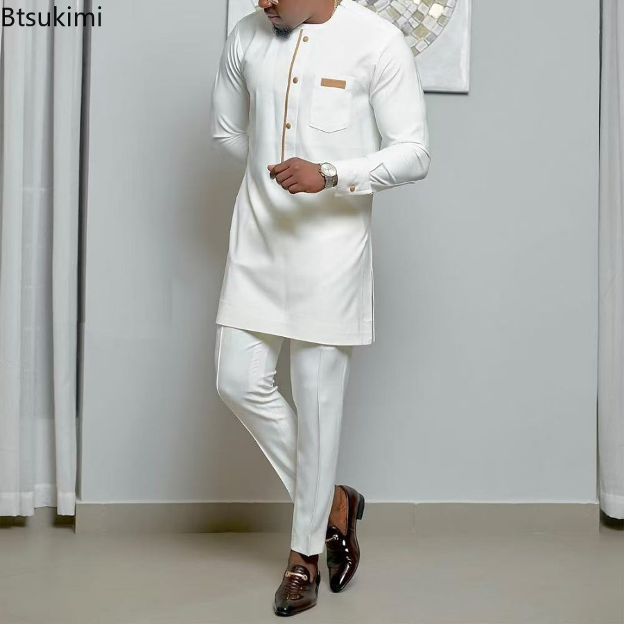 Ensemble deux pièces Kaftan pour homme, tenues de mariage Kaunda, vêtements ethniques africains traditionnels décontractés, vêtements musulmans, haut et pantalon pour homme, nouveauté