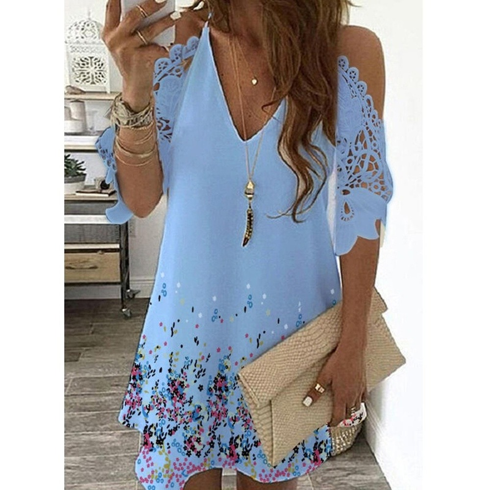 Grande taille Sexy robe à épaules dénudées femmes Vintage dentelle florale demi manches Mini robes décontracté fronde col en V plage robes de soirée
