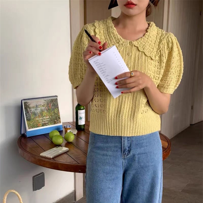 Cardigan à boutons pour femmes, T-shirt à manches courtes, simple boutonnage, col Peter Pan, nouveaux hauts d'été