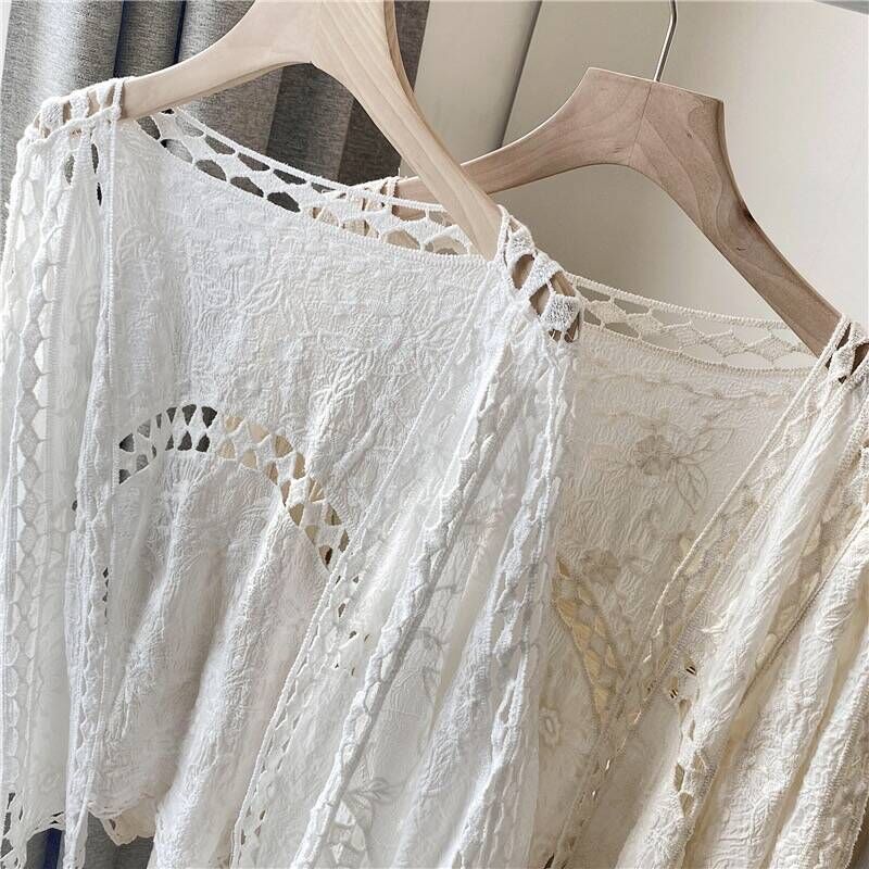 Cardigan pour femme à manches kimono, ouvert sur le devant, ajouré, en maille ouverte, style bohème, pour le printemps, l'été et comme cache-maillot de plage