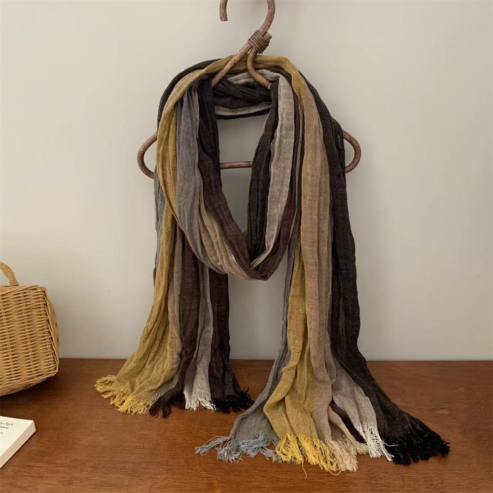 Écharpe longue à franges en lin mélangé style bohème rétro 2026 pour femme, dégradé de couleurs, respirante et douce, à rayures, pour usage quotidien