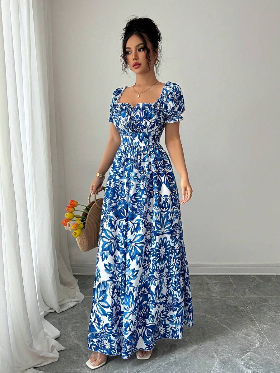 Robe élégante bleue à imprimé floral pour femme avec manches bouffantes, longue, décontractée, pour les vacances, avec nœud devant et taille froncée à l'arrière
