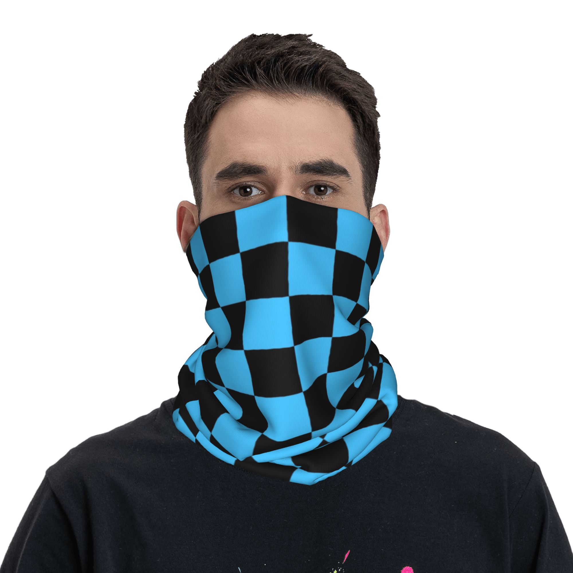 Cache-cou bandana personnalisé noir et bleu à motif damier pour le ski, la chasse, femme et homme, écharpe enveloppante, cagoule chaude à carreaux écossais