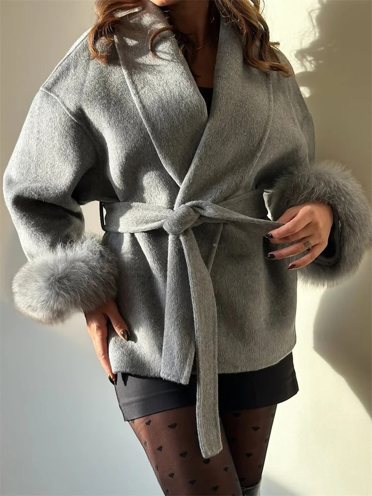 Manteau en laine double face pour femme, mélange de laine, long, élégant, ceinturé, chaud pour l'hiver, pour le bureau, en fourrure naturelle, vêtement d'extérieur