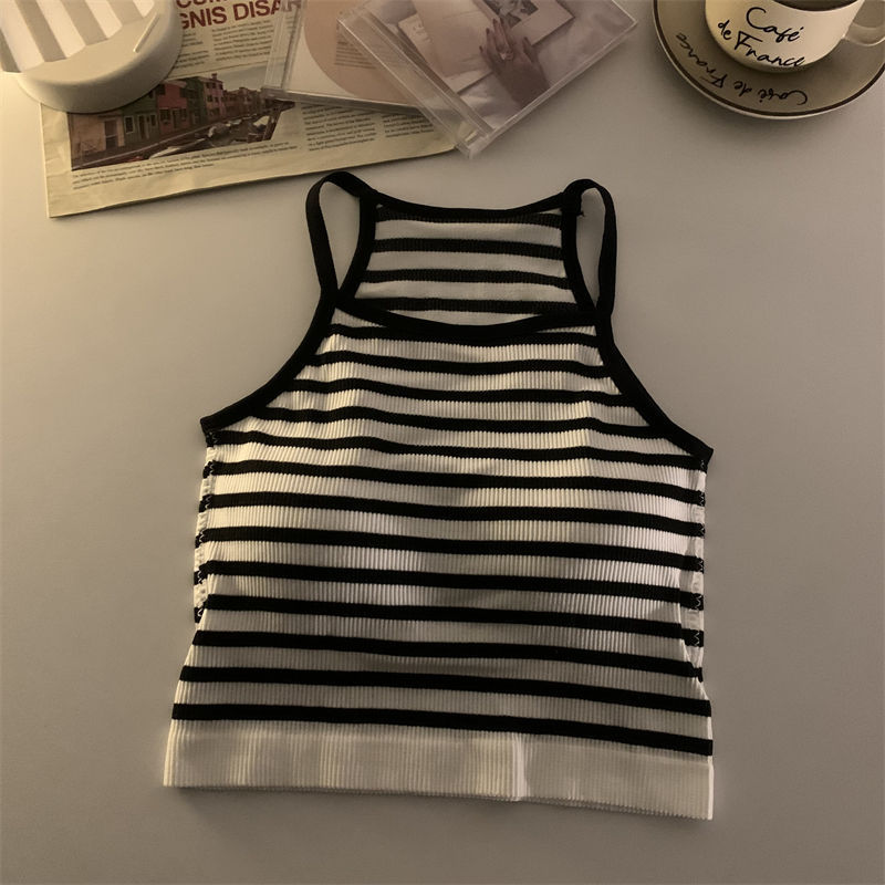 Haut court avec coussretours de poitrine pour femme, caraco basique, fibre rayée, mode décontractée, version coréenne