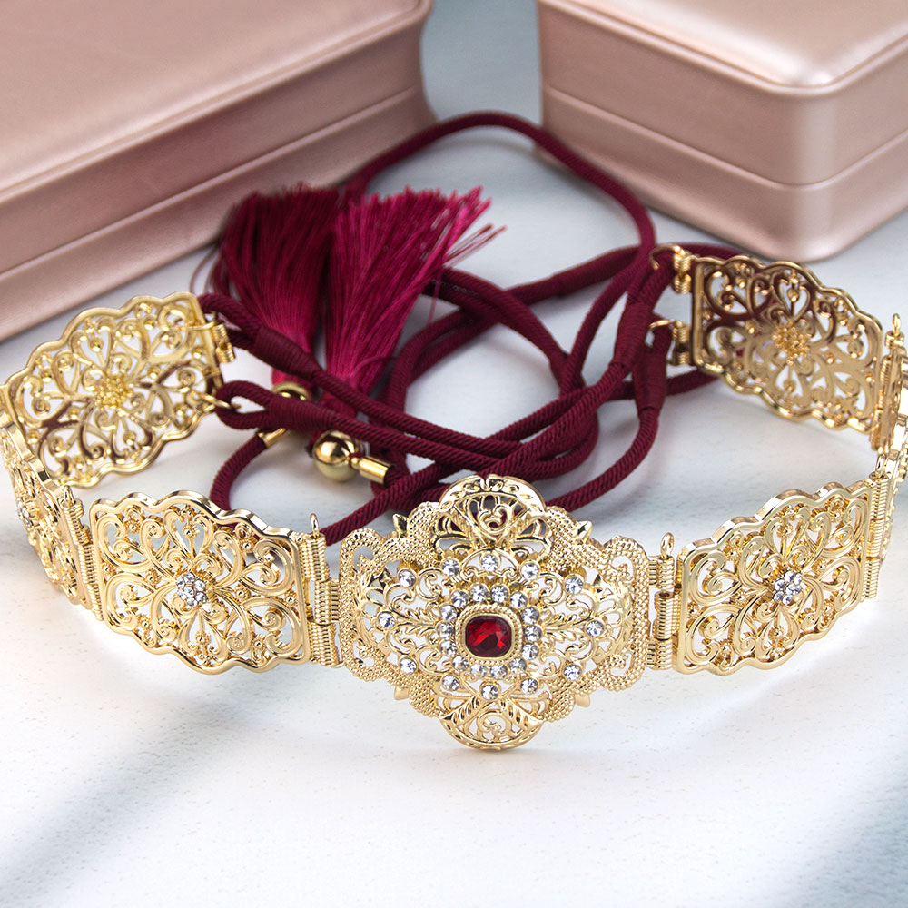 Ceinture en corde dorée pour femmes, ceinture de caftan marocain, bijoux de mariage en cristal, bijoux de festival arabe